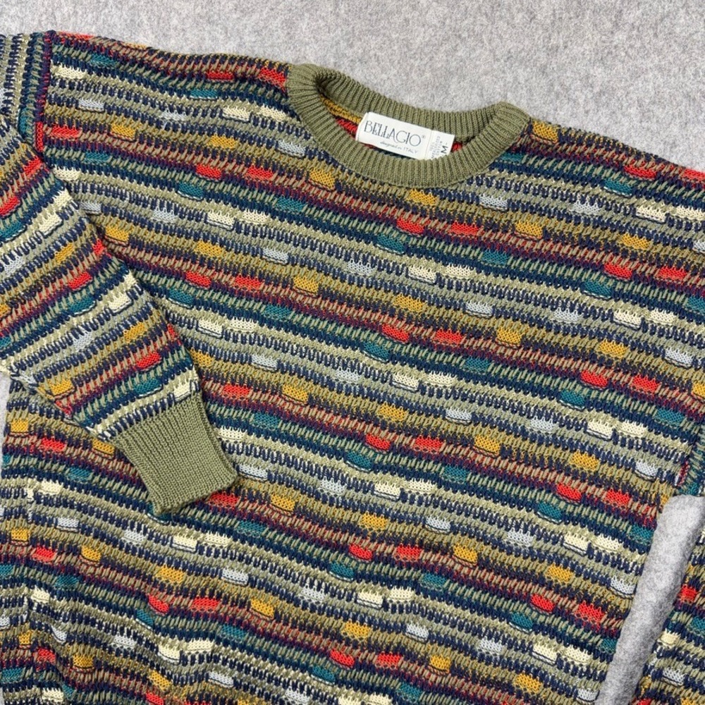 VTG Bellagio Sweater Mens Medium Green Multi‎ Color Textured 3D Knit Italy 90s